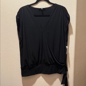INC International Concepts Black Wrap V-Neck Blouse with Side Tie